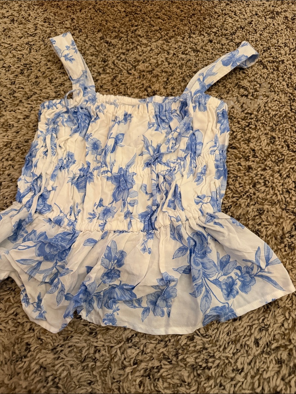 White and Blue Floral Smocked Tank Top - Lightweight Women's Blouse